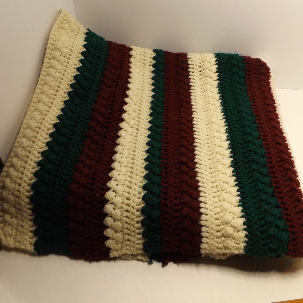 Granny Core Afghan, Burgundy, Hunter Green and White 35 1/2"W x 64"L